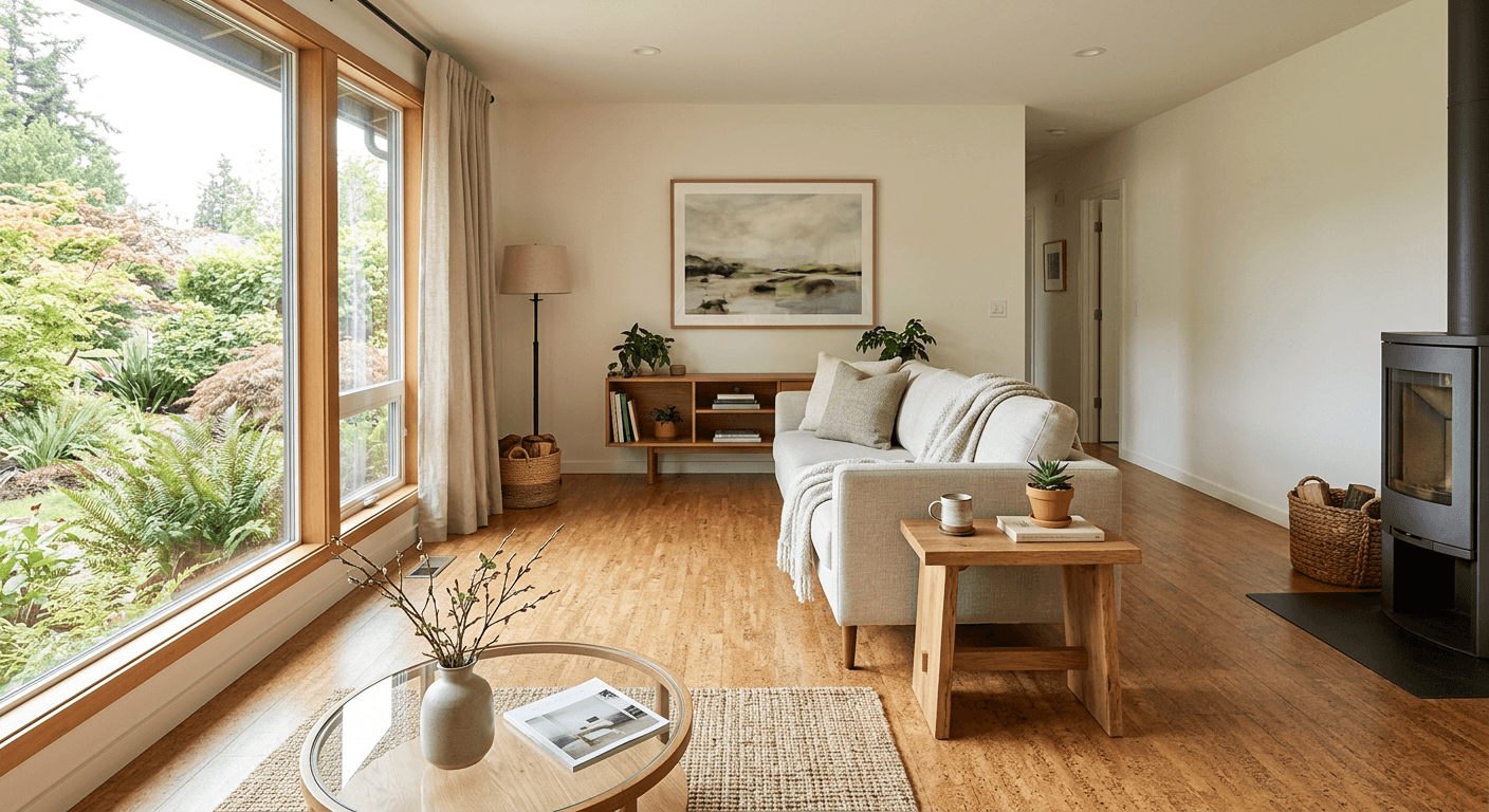 Cork plank flooring in a bright living room with a large garden window and a wood stove