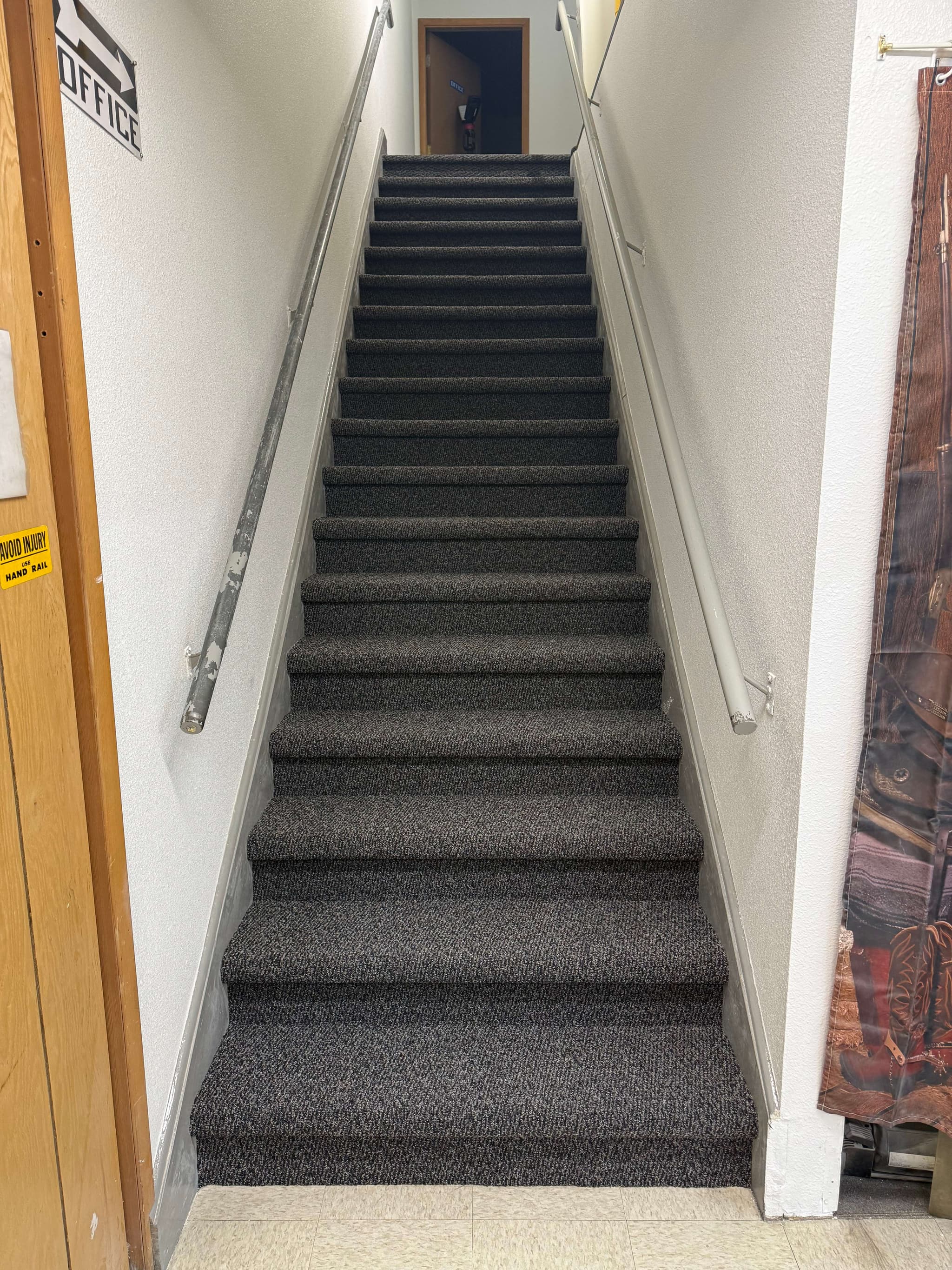 Finished stair carpet leading to the office landing at Andersen Dairy in Battle Ground, WA