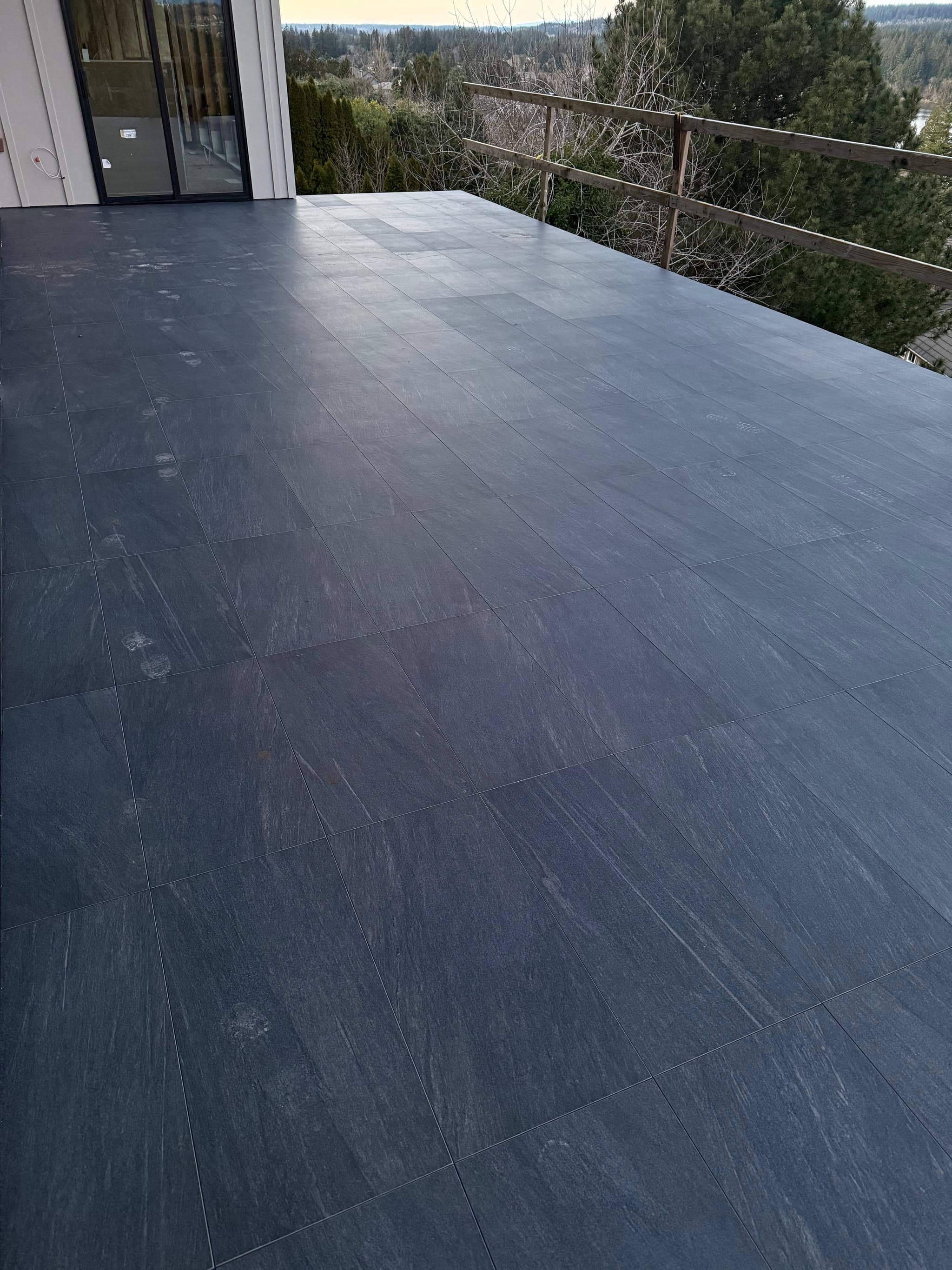 Detail of large-format porcelain patio tile — Camas, WA