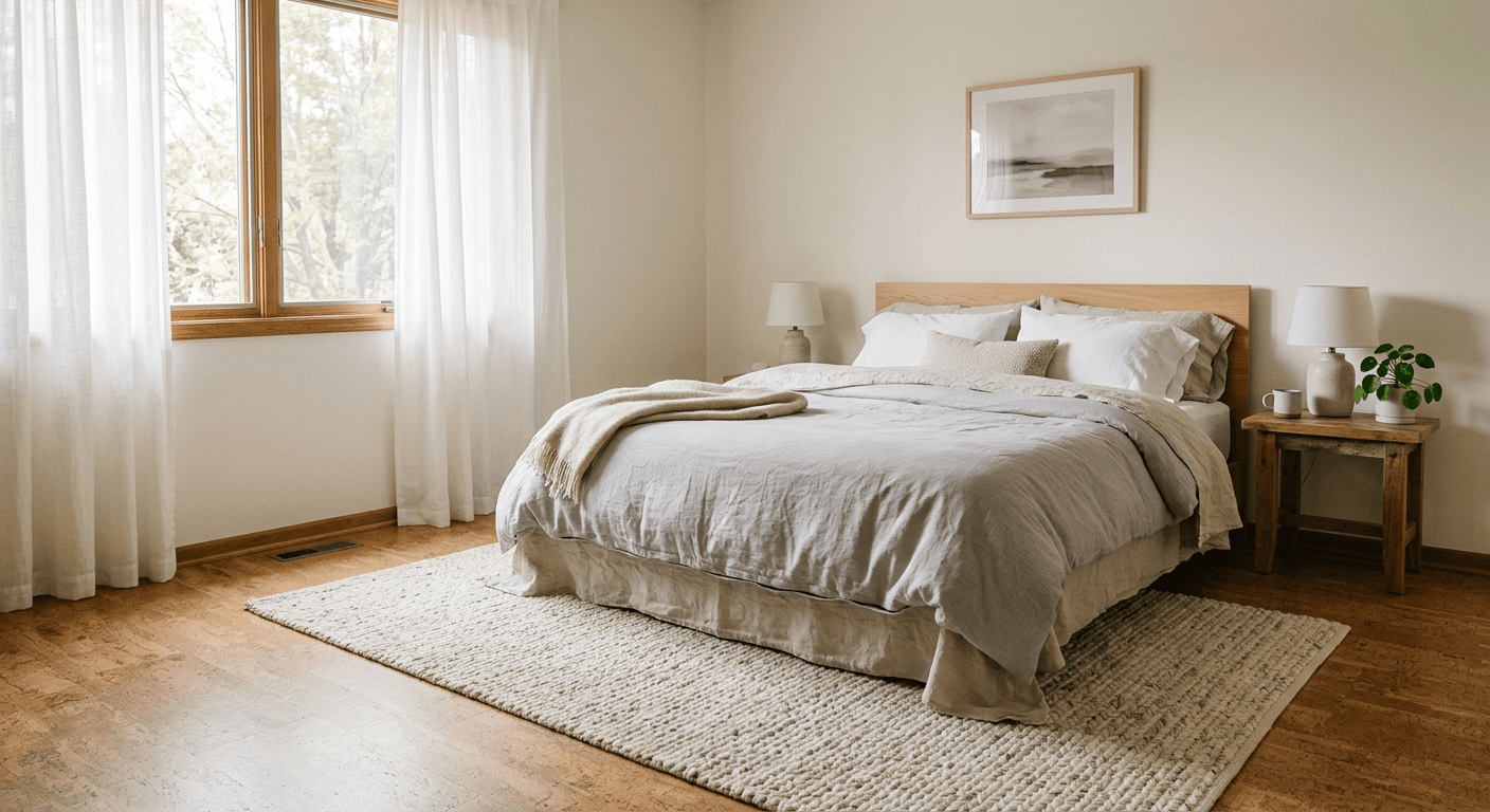 Cork flooring in a bedroom with a wool rug