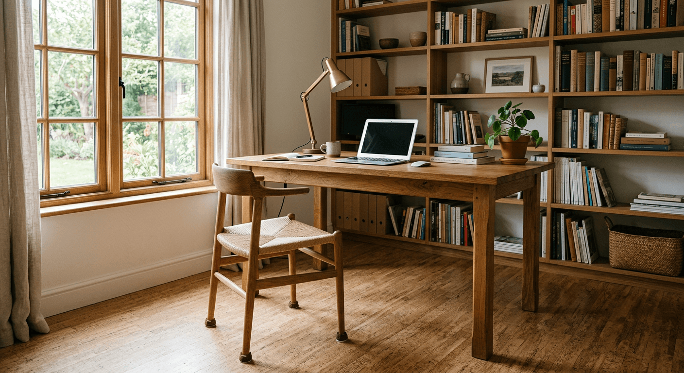 Cork flooring in a home office with a desk and bookshelves