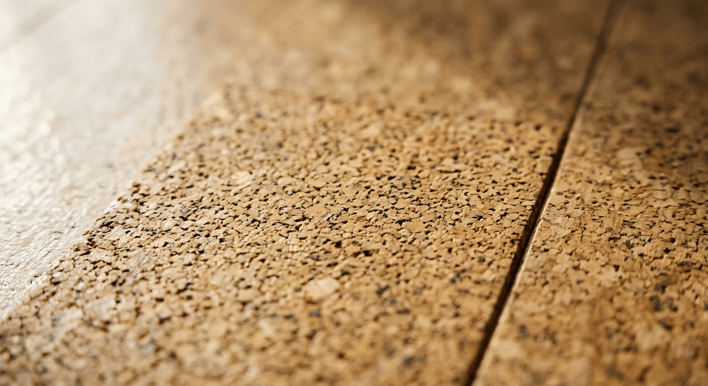 Close-up of the speckled, granular surface of natural cork flooring