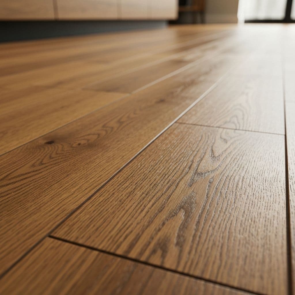 Close-up detail of engineered hardwood flooring grain and finish