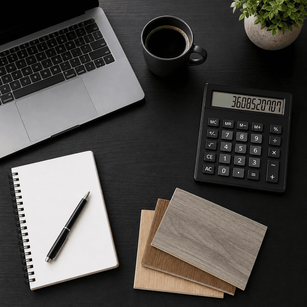 Top-down view of a black office desk with a laptop, calculator, notepad, and flooring samples for planning a flooring cost estimate in Vancouver, WA