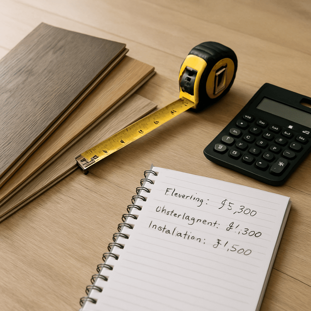 Flooring samples, a tape measure, a calculator, and a handwritten cost notebook laid out on a wood floor while planning a flooring project in Vancouver, WA