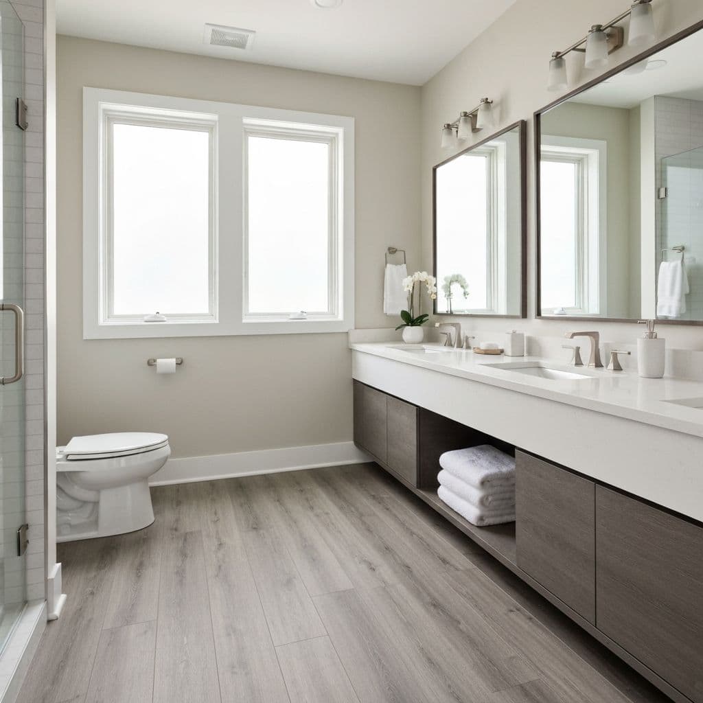 Luxury vinyl plank flooring installed in a bathroom, a moisture-prone room in Pacific Northwest homes