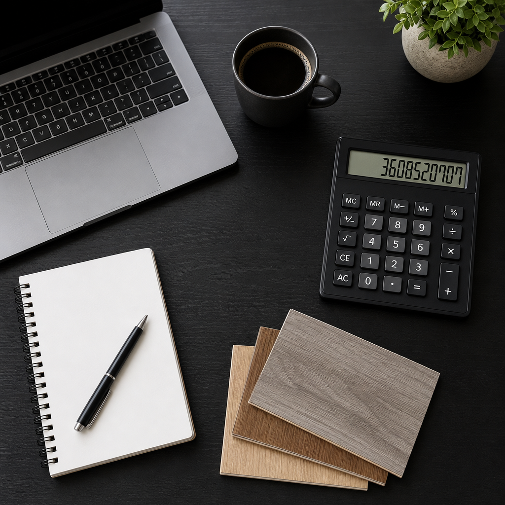 Top-down view of a black office desk with a laptop, calculator, notepad, and flooring samples for planning a flooring cost estimate in Vancouver, WA