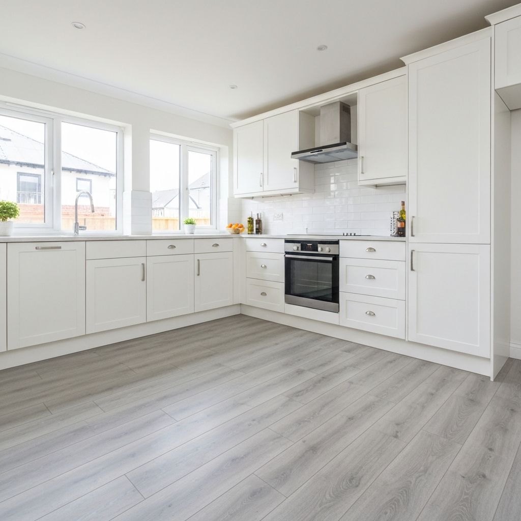 Modern laminate flooring installation in bright kitchen with contemporary cabinetry — Portland metro area